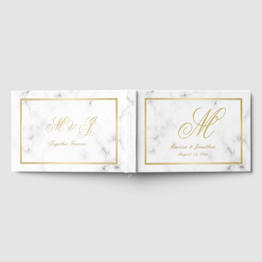 Elegante White Marble Gold Monogram Script Hochzei Gästebuch (Voll)