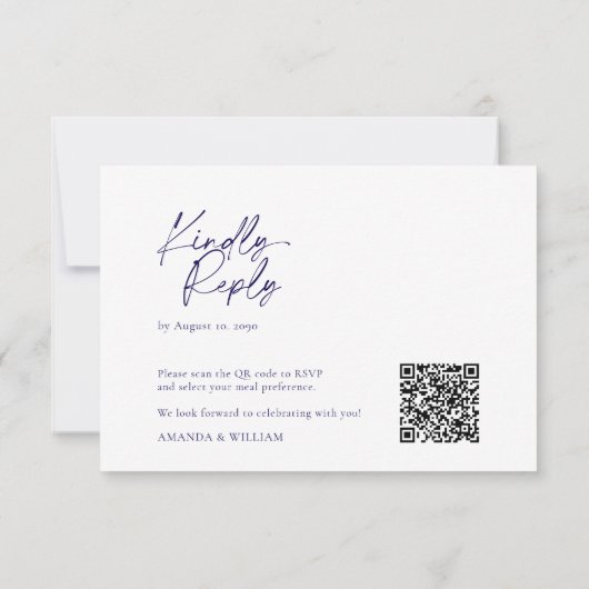 Elegante White & Navy Blue QR Code RSVP Karte (Rückseite)