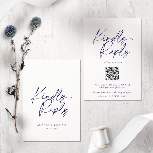 Elegante White & Navy Blue QR Code RSVP Karte