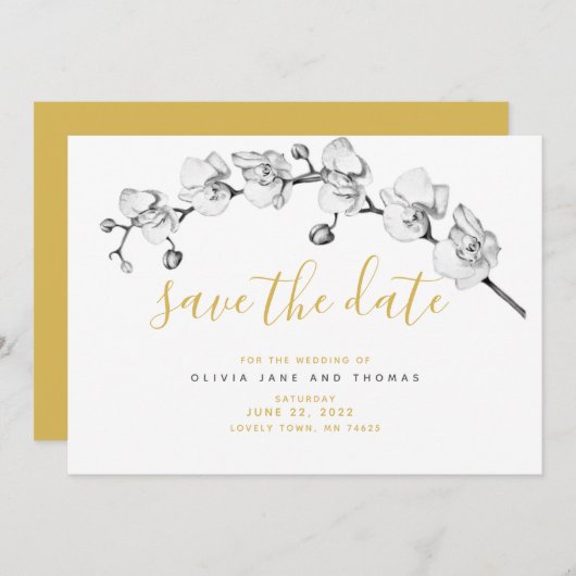 Elegante White Orchid Modern Boho Stilvolle Hochze Save The Date (Vorne/Hinten)