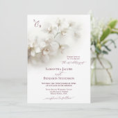 Elegante White Orchids Burgundy Script Wedding Einladung (Stehend Vorderseite)