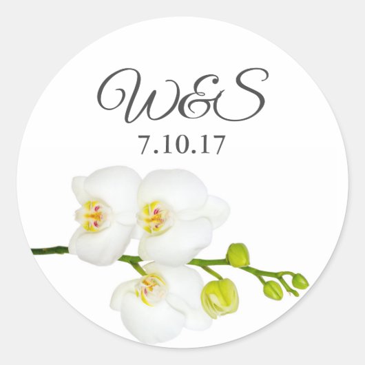 Elegante White Orchids Coupels Initials & Datum Runder Aufkleber (Vorderseite)