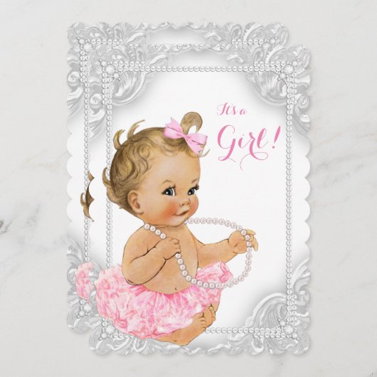 Elegante White Pearl Baby Girl Dusche Einladung (Vorne/Hinten)
