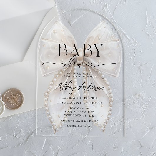 Elegante White Pearl Bow Baby Shower Acryleinladungen