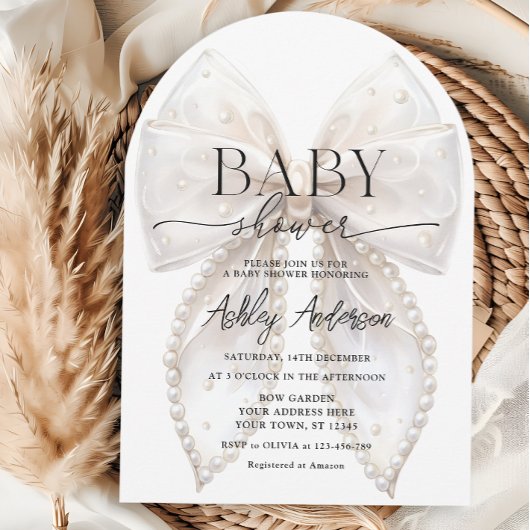 Elegante White Pearl Bow Baby Shower Einladung