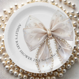 Elegante White Pearl Bow Baby Shower Pappteller