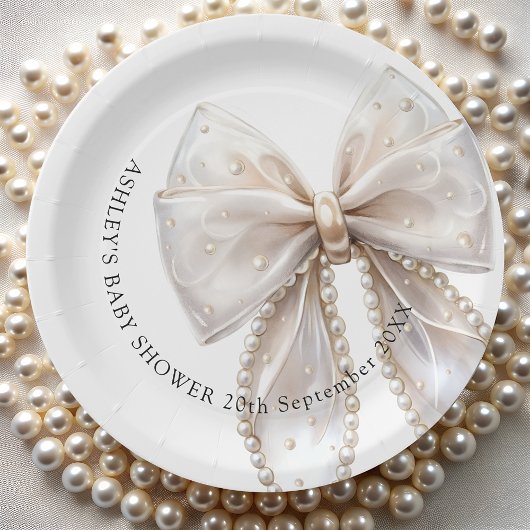 Elegante White Pearl Bow Baby Shower Pappteller