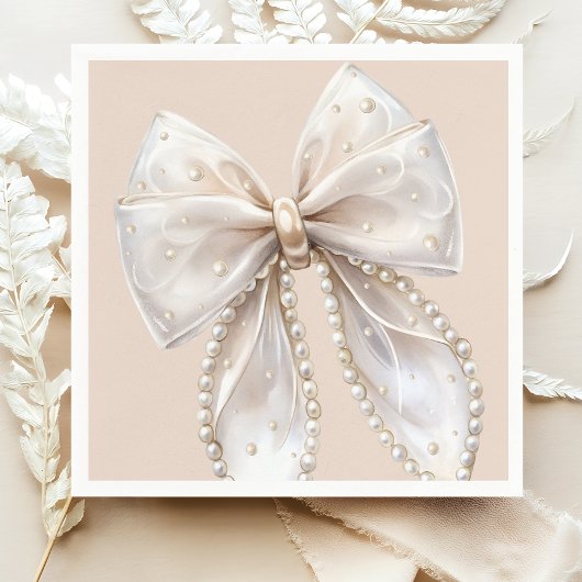 Elegante White Pearl Bow Baby Shower Serviette