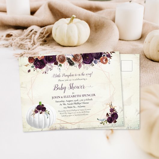Elegante White Pumpkin Couples Baby Dusche Postkarte