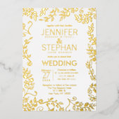 Elegante White Real Gold Floral Wedding Folieneinladung (Vorderseite)