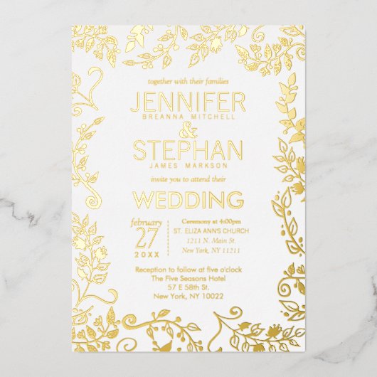 Elegante White Real Gold Floral Wedding Folieneinladung (Vorderseite)