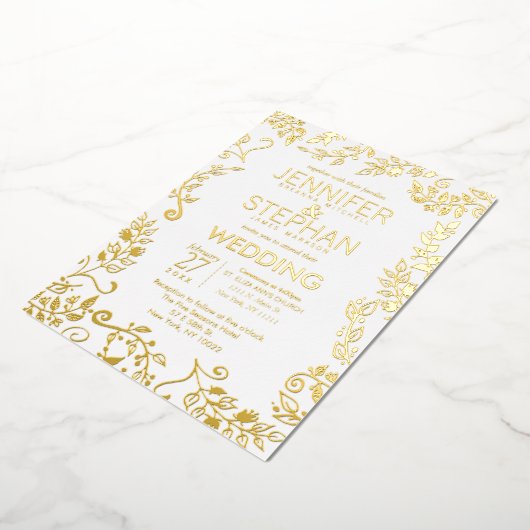 Elegante White Real Gold Floral Wedding Folieneinladung (Gedreht)