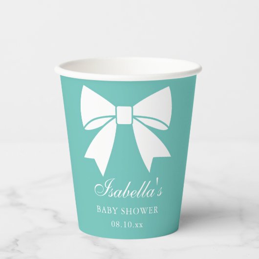 Elegante White Ribbon Bow Aquamarin Blue Baby Dusc Pappbecher (Vorderseite)