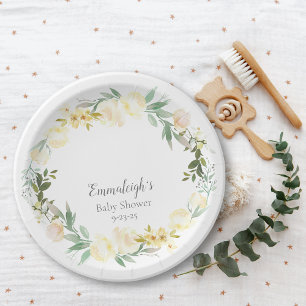 Elegante White Rose Floral Baby Dusche Pappteller