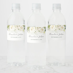 Elegante White Rose & Gold Cursive Wedding Wasserflaschenetikett