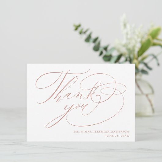 Elegante White Rose Gold Moderne Script Hochzeit Dankeskarte (Stehend Vorderseite)