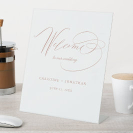 Elegante White Rose Gold Script Wedding Willkommen Sockelschild