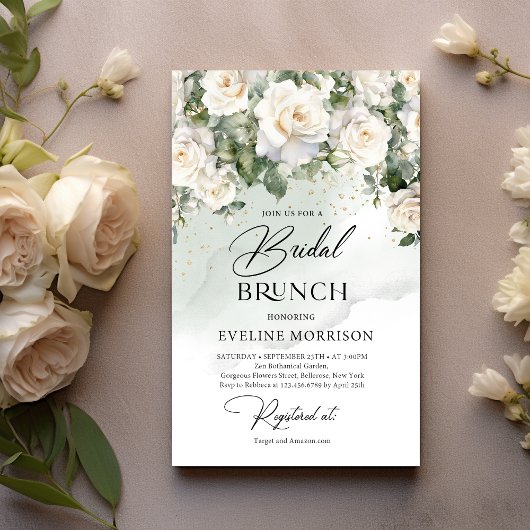 Elegante White Rose Green Bridal Brunch Einladung