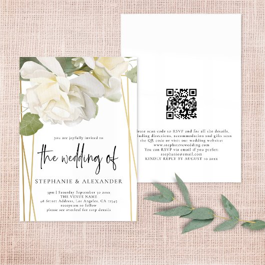 Elegante White Rose QR Code Hochzeit Einladung
