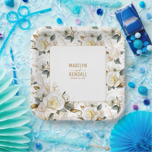 Elegante White Rose Romantic Floral Wedding Pappteller (Party)