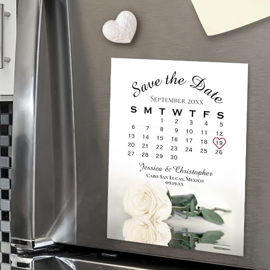 Elegante White Rose Save the Date Calendar Magnet
