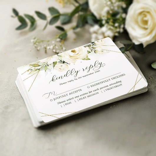 Elegante White Rose Wedding RSVP Karte