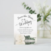 Elegante White Rose Wedding speichern das Datum Ankündigungspostkarte (Stehend Vorderseite)