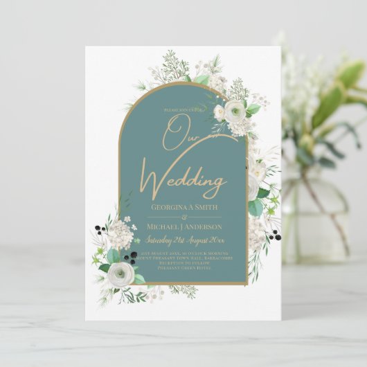 Elegante White Roses All-in-1 Wedding Einladung UA (Stehend Vorderseite)