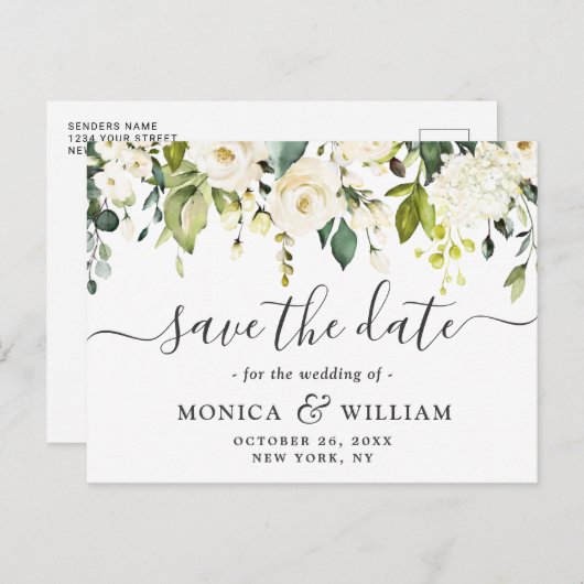 Elegante White Roses-Blume Hochzeitssache Datum sp Ankündigungspostkarte (Vorne/Hinten)