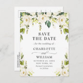 Elegante White Roses-Blume Hochzeitssache Datum sp Ankündigungspostkarte (Vorne/Hinten)