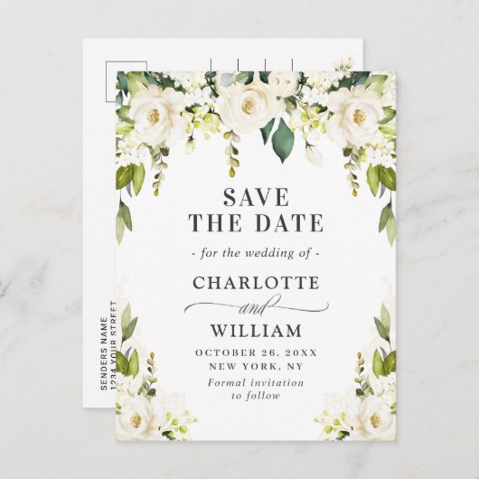 Elegante White Roses-Blume Hochzeitssache Datum sp Ankündigungspostkarte (Vorne/Hinten)