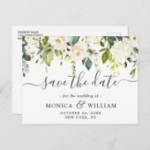 Elegante White Roses-Blume Hochzeitssache Datum sp Postkarte (Vorne/Hinten)