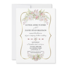 Elegante White Roses Burgundy Gold Frame Wedding