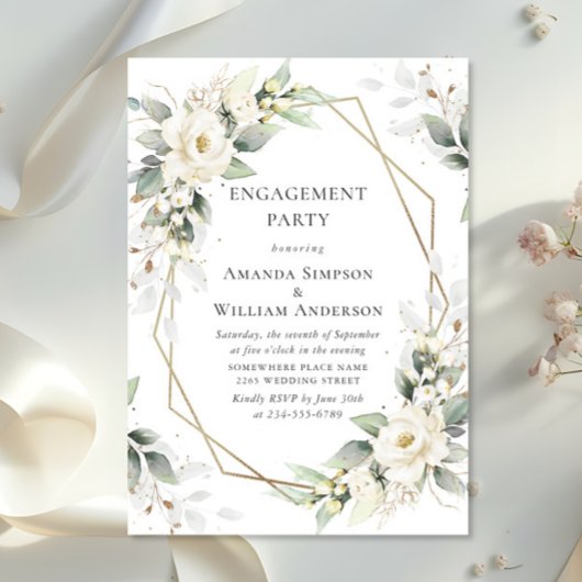 Elegante White Roses Eucalyptus ENGAGEMENT PARTY Einladung