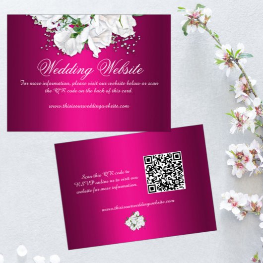 Elegante White Roses, Fuchsia Pink Wedding Website Begleitkarte