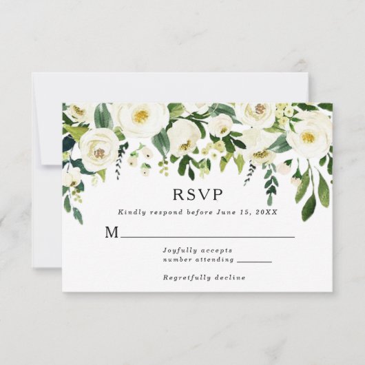 Elegante White Roses Greenerity Wedding Response C RSVP Karte (Vorderseite)