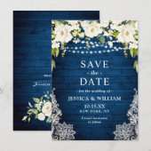 Elegante White Roses Lace Rustic Blue Wood Wedding Save The Date (Vorne/Hinten)