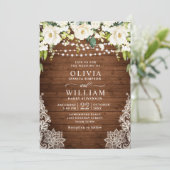 Elegante White Roses Lace Rustic Wood Wedding Einladung (Stehend Vorderseite)