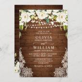 Elegante White Roses Lace Rustic Wood Wedding Einladung (Vorne/Hinten)