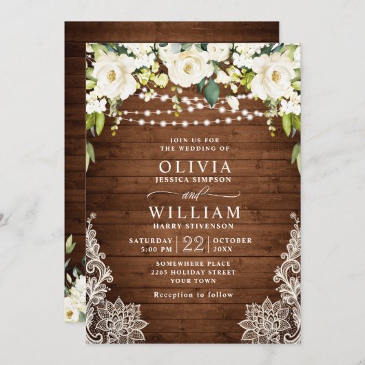 Elegante White Roses Lace Rustic Wood Wedding Einladung (Vorne/Hinten)