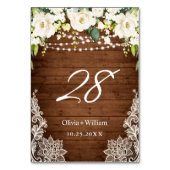 Elegante White Roses Lace Rustic Wood Wedding Tischnummer (Rückseite)
