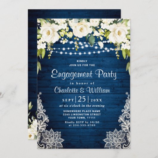 Elegante White Roses Lace Rustikale Engagement Par Einladung (Vorne/Hinten)