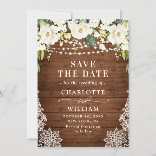 Elegante White Roses Lace Wood Rustic Wedding Save The Date (Vorderseite)