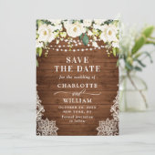 Elegante White Roses Lace Wood Rustic Wedding Save The Date (Stehend Vorderseite)