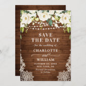 Elegante White Roses Lace Wood Rustic Wedding Save The Date (Vorne/Hinten)