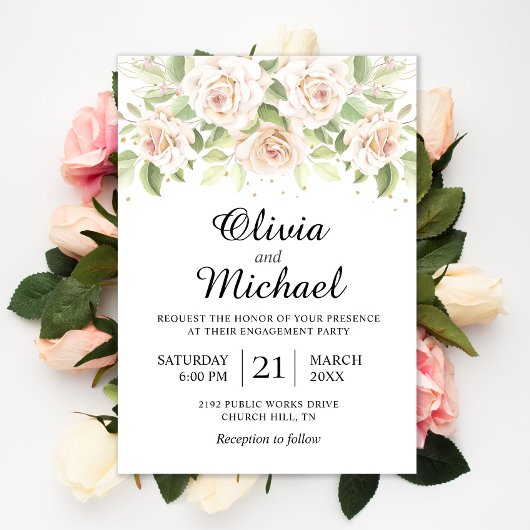 Elegante White Roses Minimalistische Engagement Pa Einladung