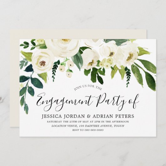 Elegante White Roses Moderne Engagement Party Einladung (Vorne/Hinten)