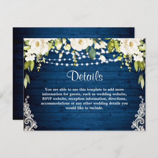 Elegante White Roses Rustic Wedding Details Card Postkarte (Vorne/Hinten)