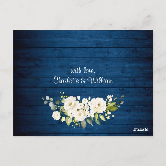 Elegante White Roses Rustic Wedding Details Card Postkarte (Rückseite)