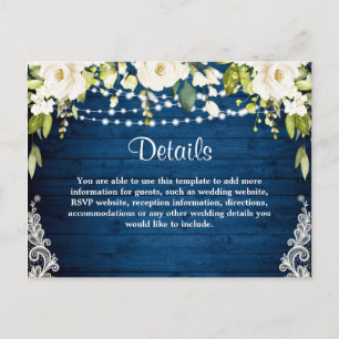 Elegante White Roses Rustic Wedding Details Card Postkarte